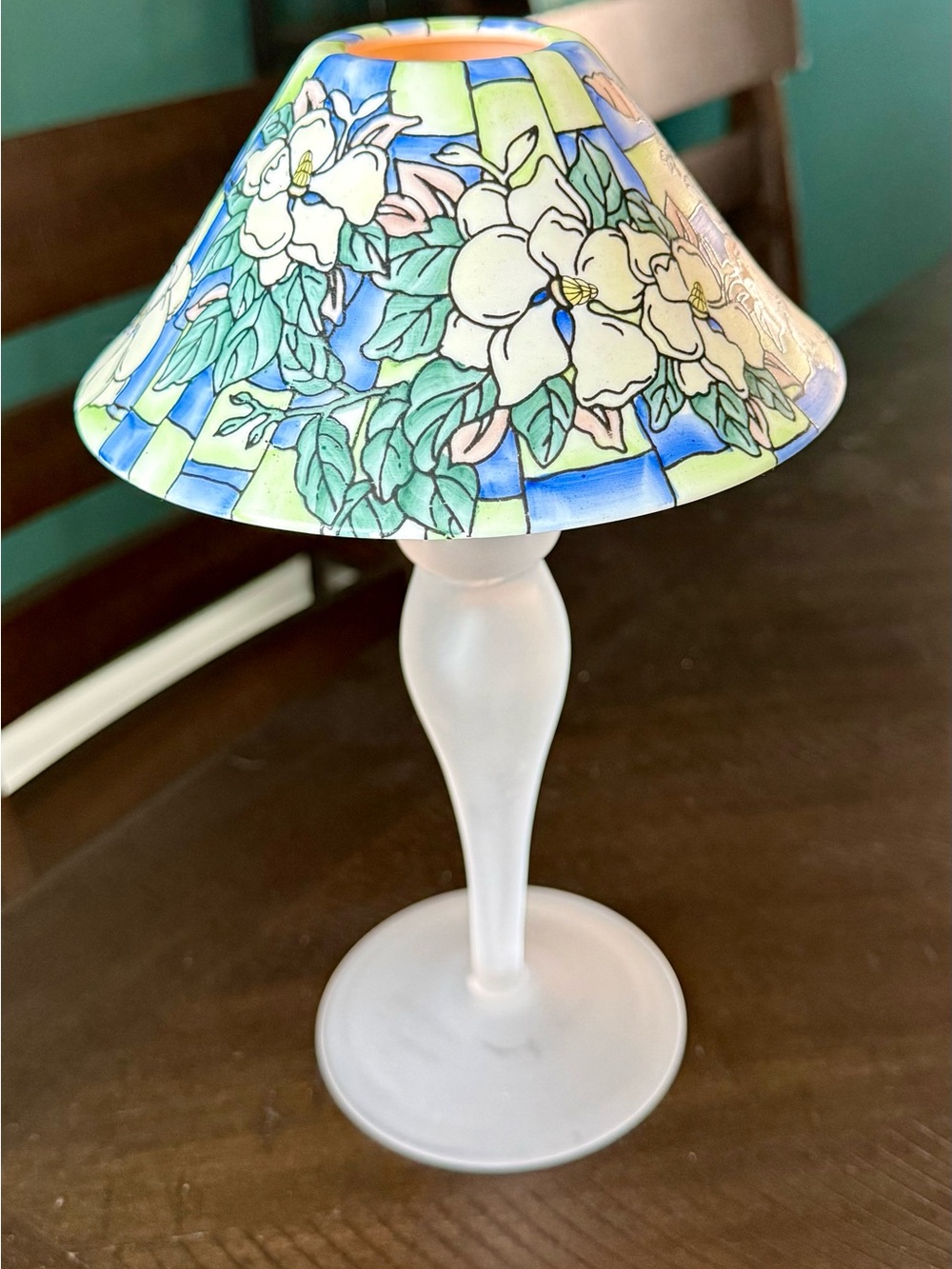Vintage Joan Baker Designs Hand-Painted Glass Magnolia Fairy Lamp Candle Holder